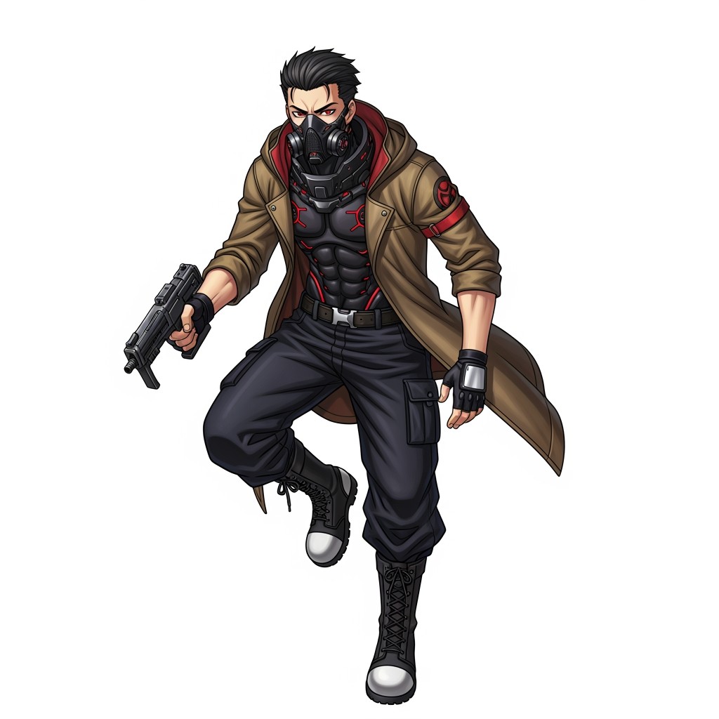 A male anime character with sleek black hair, wearing a black gas mask that covers his face along with a black-and-white visor obscuring his crimson eyes