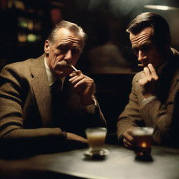 Two male detectives are seated in a dimly lit bar. One of them is thoughtfully exhaling smoke from his cigarette.