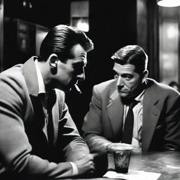 Two male detectives are seated in a dimly lit bar. One of them is thoughtfully exhaling smoke from his cigarette.