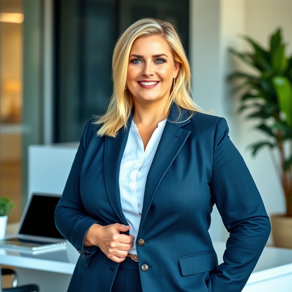 A large, confident blonde woman wearing a tailored business suit, standing in a modern office environment