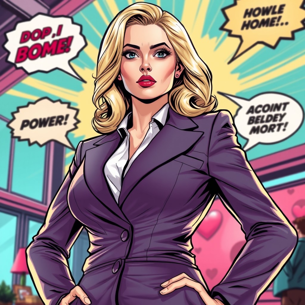 A large blonde woman dressed in a stylish business suit, depicted in a vibrant romance comic book style