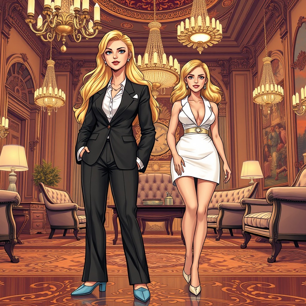 In a beautifully illustrated romance comic book art style, depict a gigantic blonde woman confidently wearing a tailored suit, standing beside an equally huge brunette who is styled in a fashionable V-neck white mini dress paired with light blue shoes
