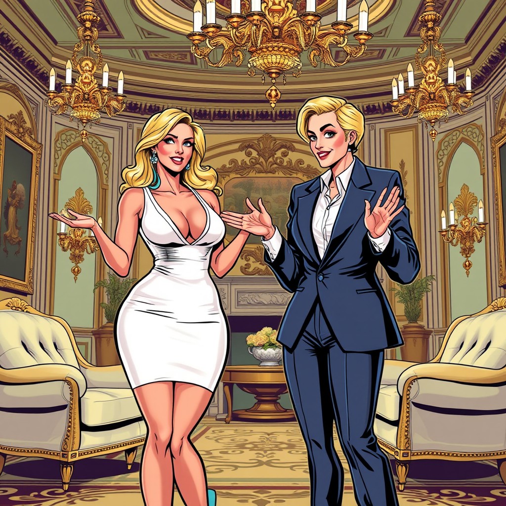In a vibrant romance comic book art style, depict a large, confident blonde woman in a tailored suit standing next to a curvy, stunning brunette woman wearing a V-neck white mini dress paired with light blue shoes