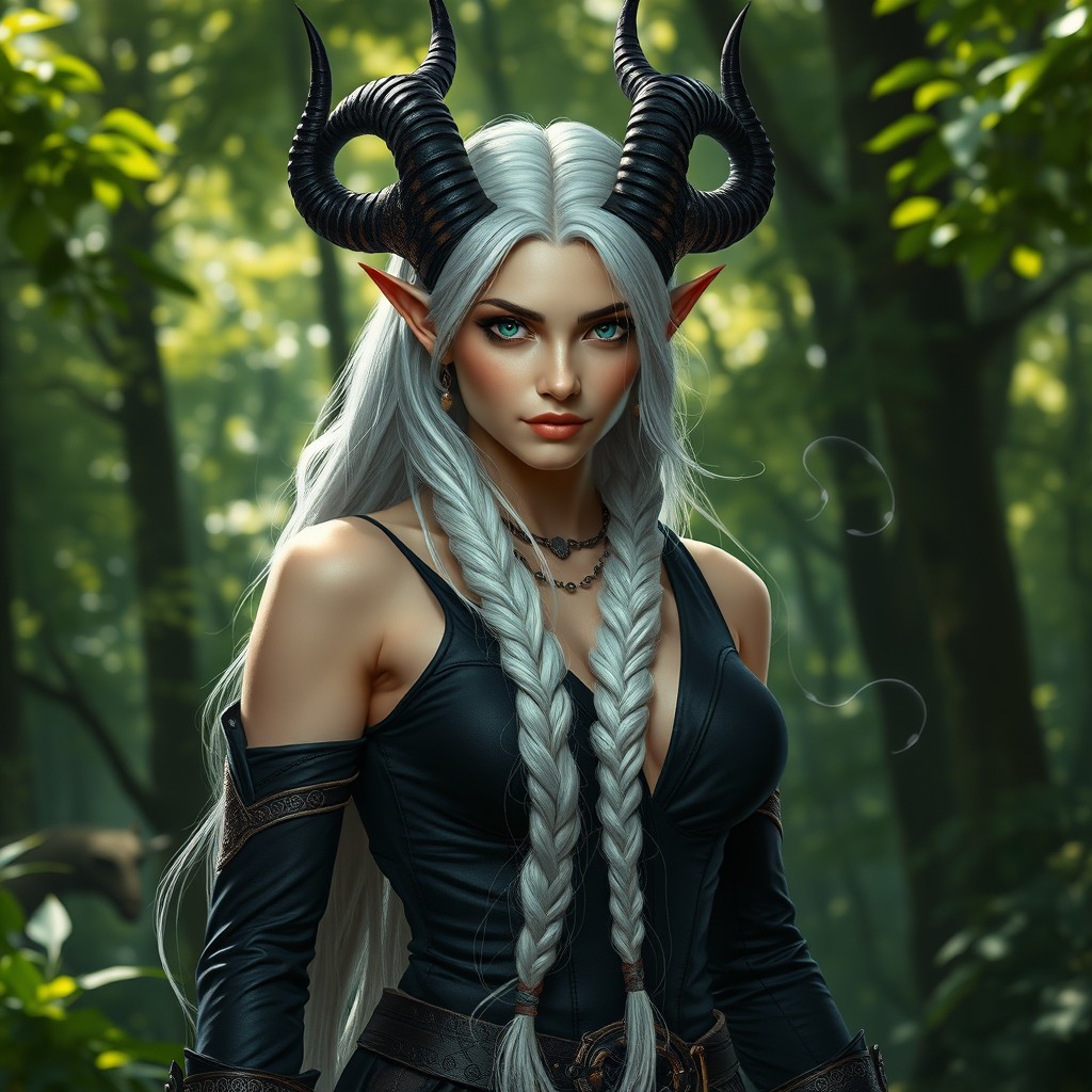 A stunning female elf warlock with majestic, elegant horns and a long, flowing white braid