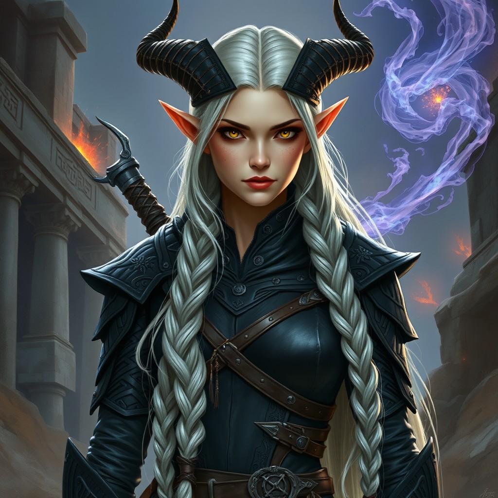 A captivating female elf warlock with striking horns and a long, elegant white braid flowing down her back
