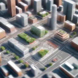 Generate a 3D image depicting a technologically advanced city abuzz with people busy in their daily activities.