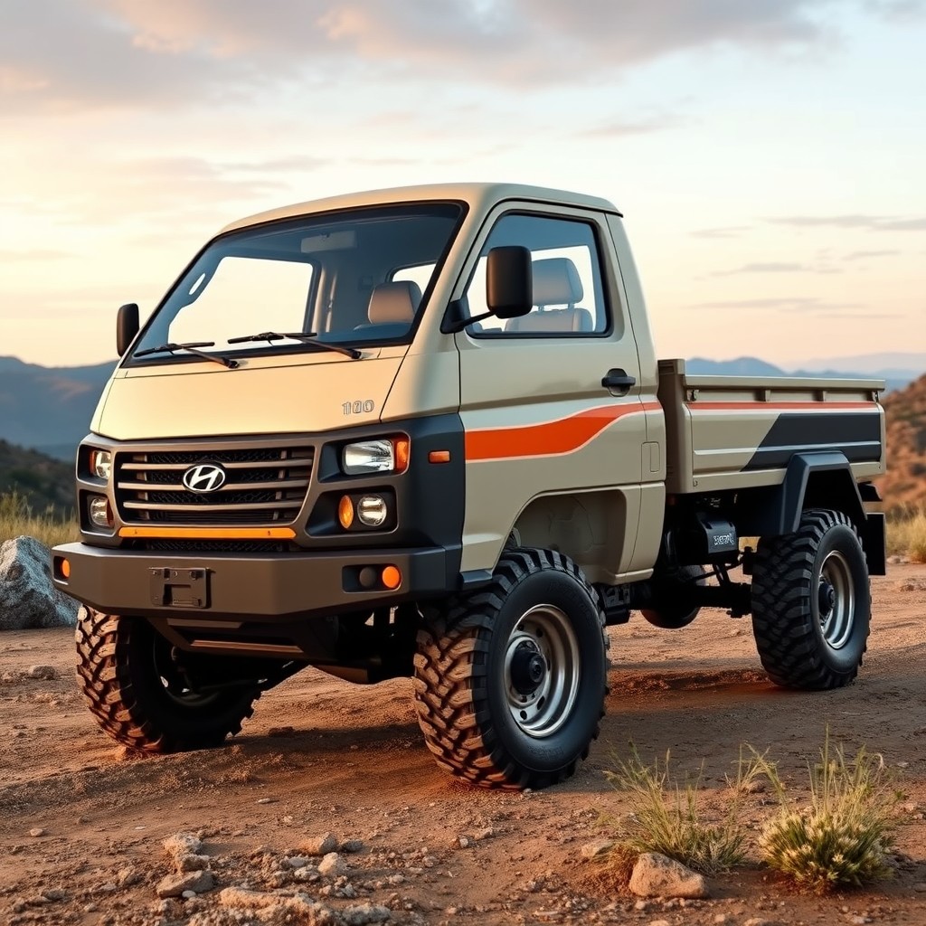 A realistic depiction of a 2007 Hyundai Porter H100 single-cabin truck equipped with all-terrain tires