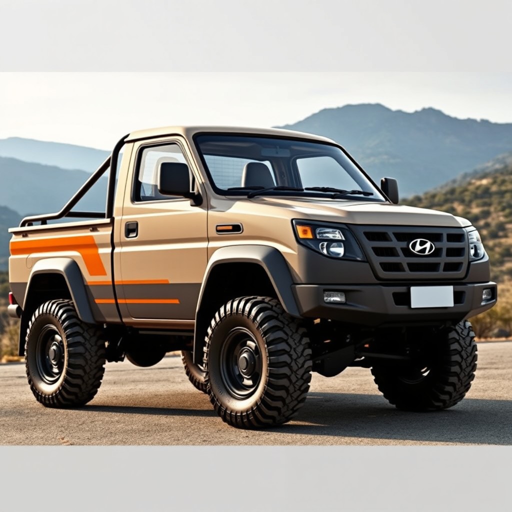 A realistic depiction of a 2007 Hyundai Porter H100 single-cabin truck equipped with all-terrain tires