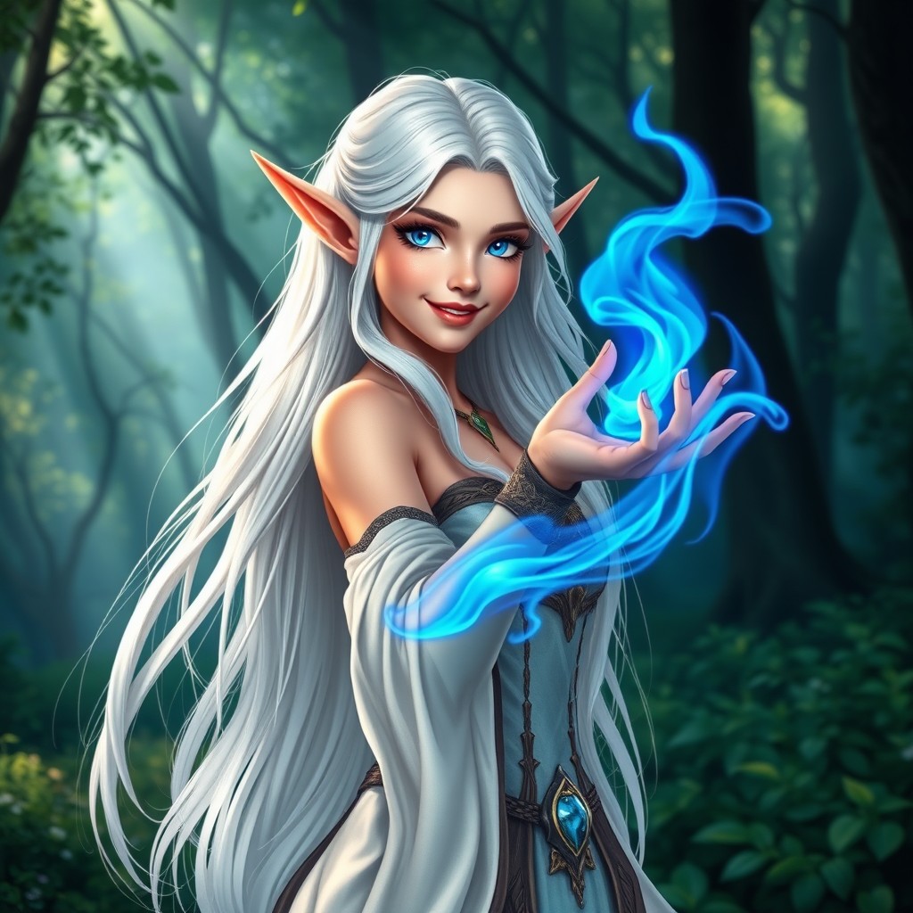 A beautiful female elf with long flowing white hair, smiling brightly