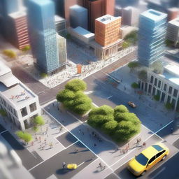 Generate a 3D image depicting a technologically advanced city abuzz with people busy in their daily activities.