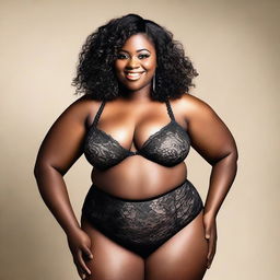 This is a high-resolution photograph showcasing a stunning, young African American woman with a plus-sized figure