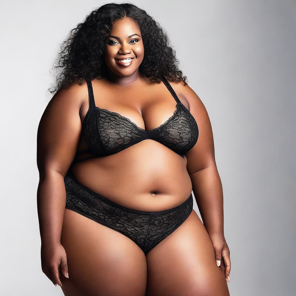 This is a high-resolution photograph showcasing a stunning, young African American woman with a plus-sized figure