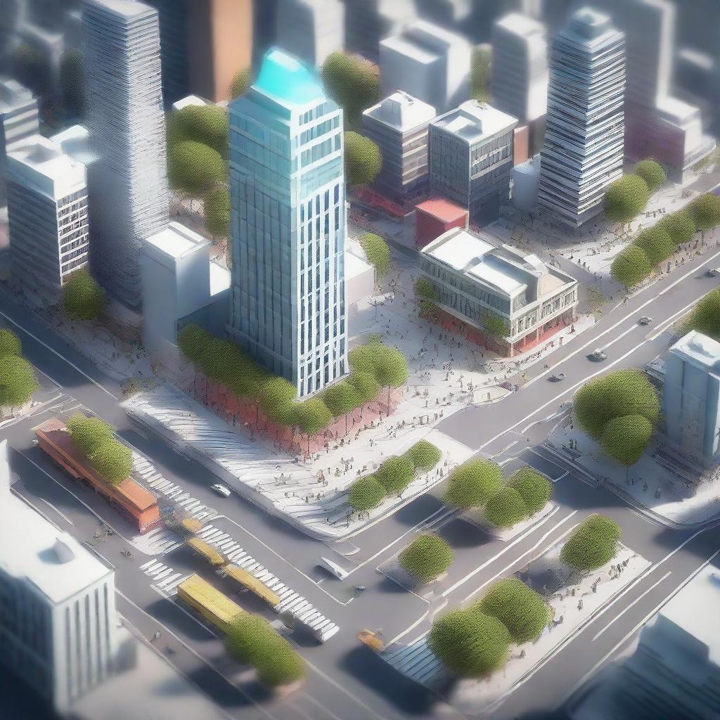 Generate a 3D image depicting a technologically advanced city abuzz with people busy in their daily activities.