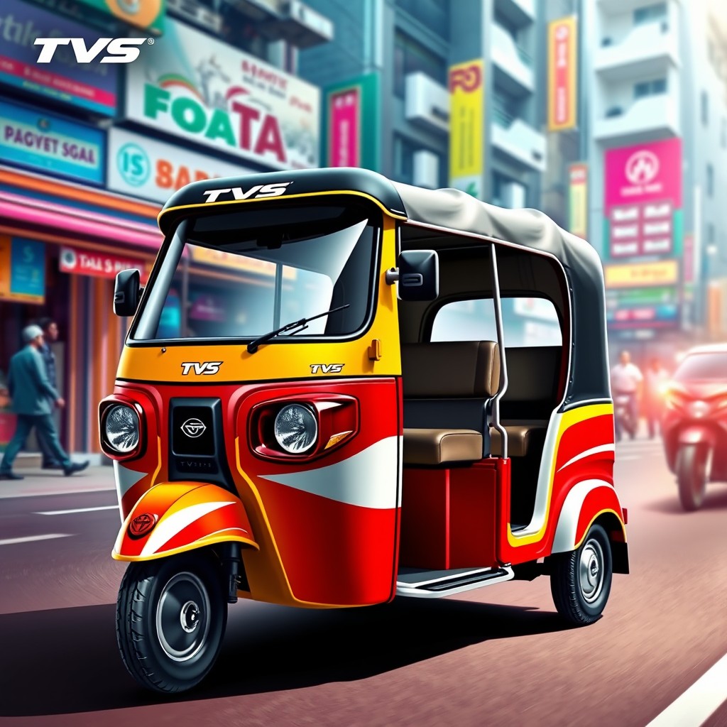 A realistic design of a TVS autorickshaw, prominently featuring vibrant colors like red, yellow, and white