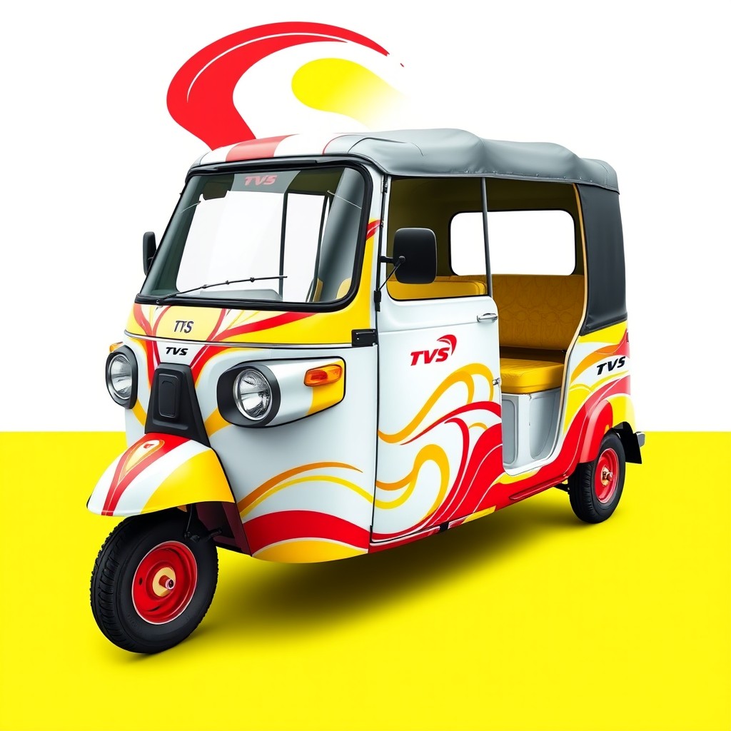 A vibrant and eye-catching design for a TVS auto rickshaw, featuring a bold combination of white, red, and yellow colors