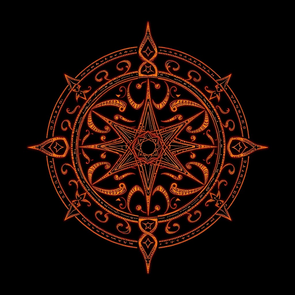 An intricate sigil designed for shadow magic, featuring swirling patterns and runes that evoke a sense of mystery and power
