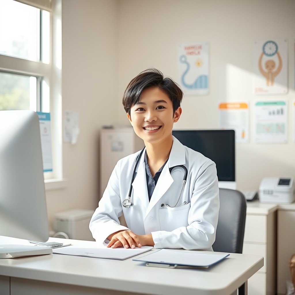 A charming South Korean doctor sitting behind a desk in a well-lit treatment room