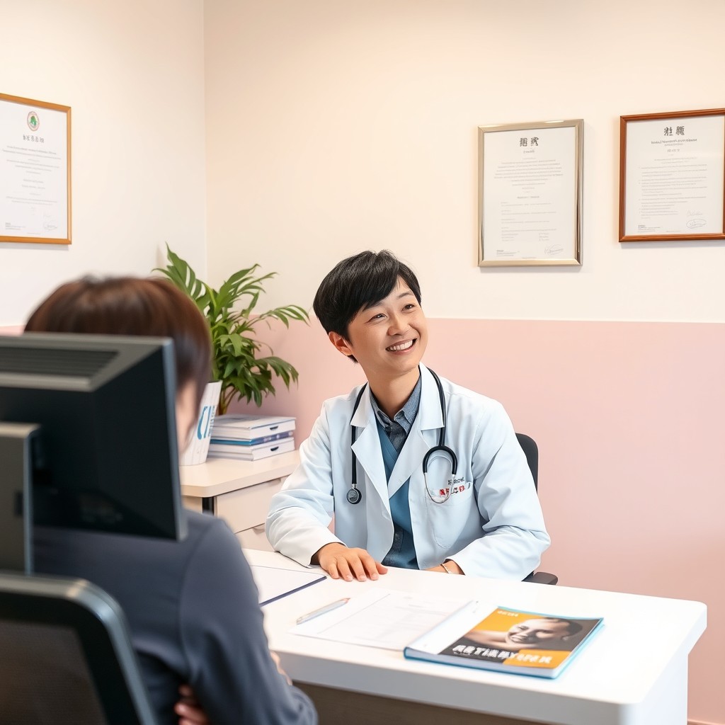 A charming South Korean doctor sitting behind a desk in a well-lit treatment room