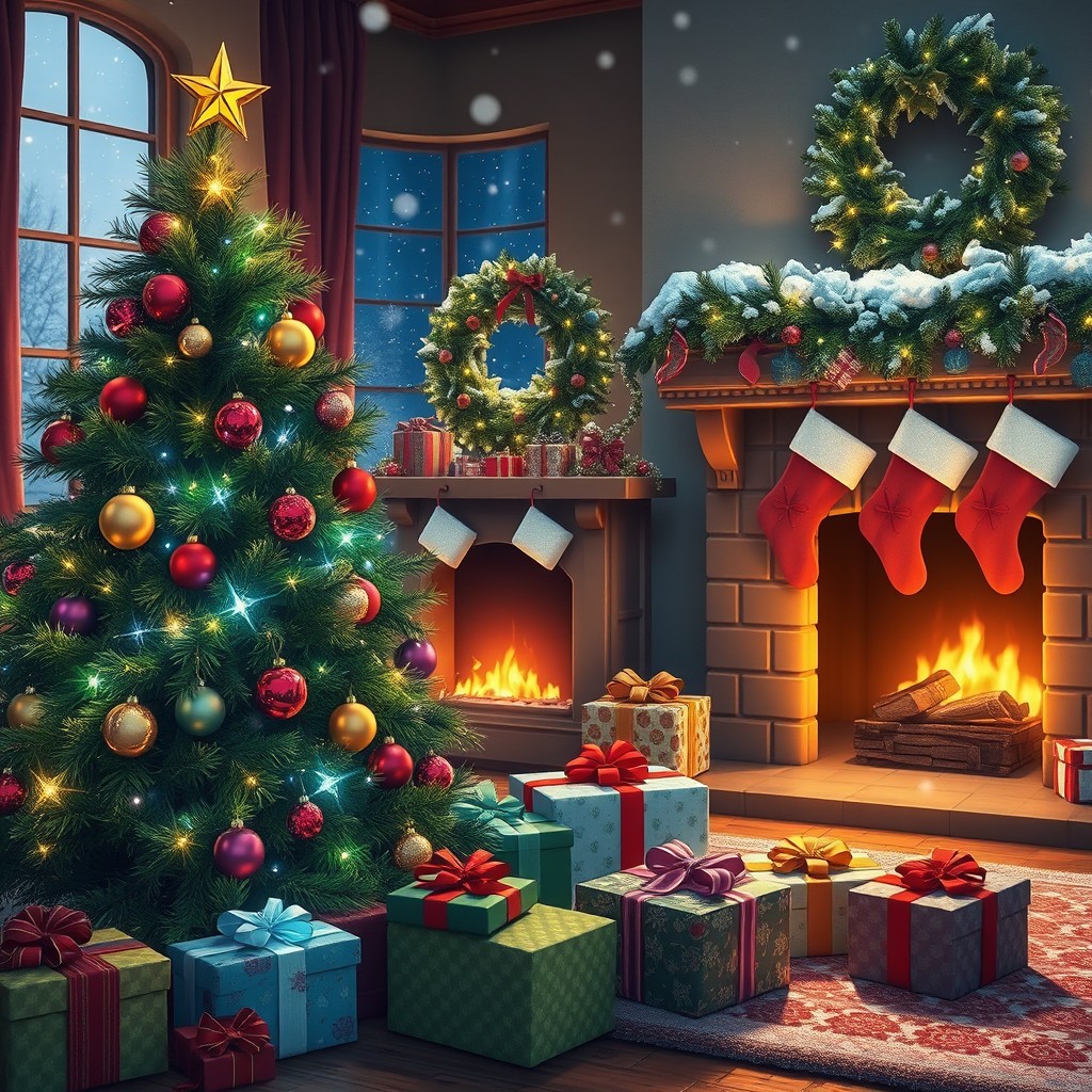 A joyful Christmas scene featuring a beautifully decorated Christmas tree with twinkling lights, colorful ornaments, and a star on top