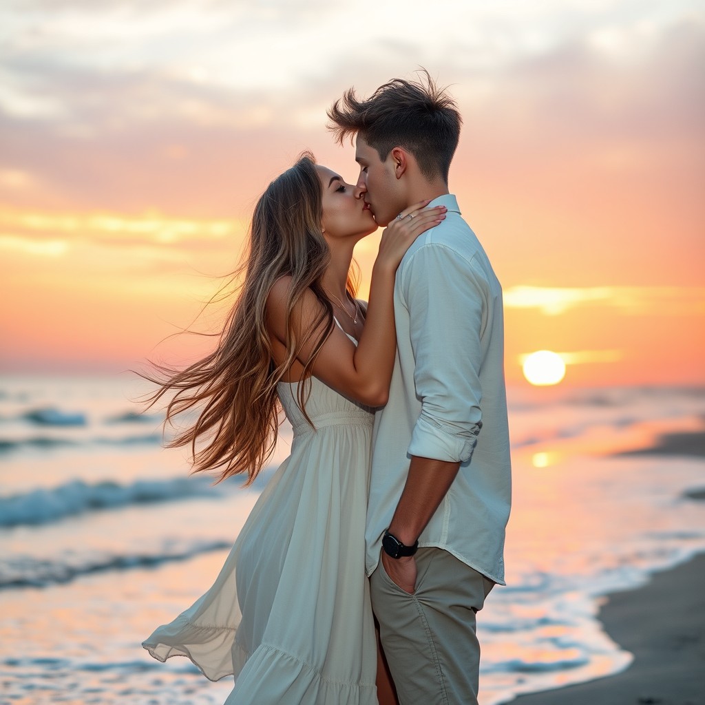 A beautifully romantic scene featuring a young couple in love, a girl with long wavy hair and a boy with short, tousled hair, sharing a sweet kiss at sunset