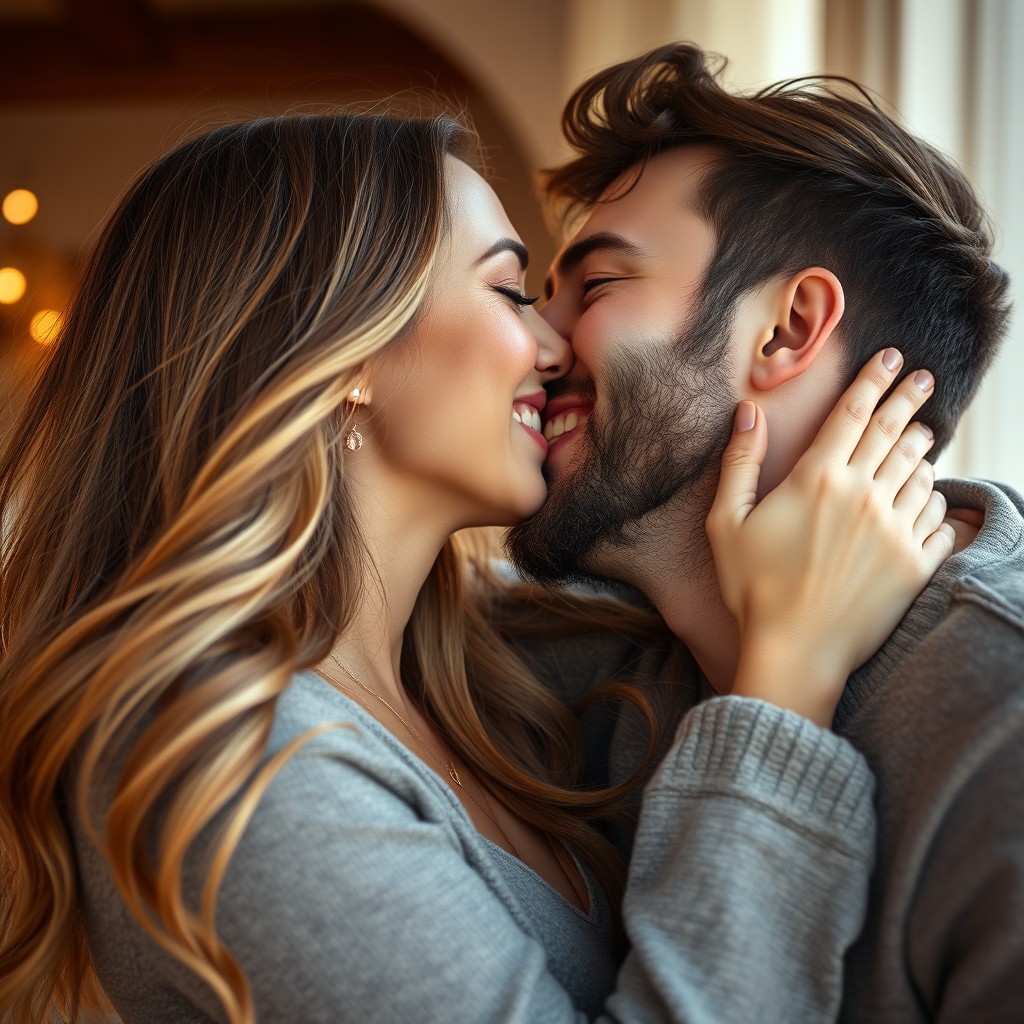 A beautiful woman with long, flowing hair and a radiant smile passionately kissing her boyfriend in a close-up shot