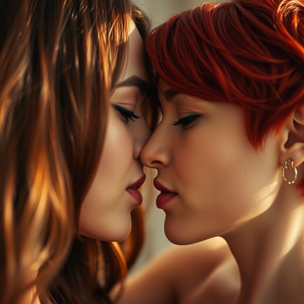 A captivating close-up of two beautiful women tenderly kissing, their lips just touching, showcasing a moment of intimacy and affection