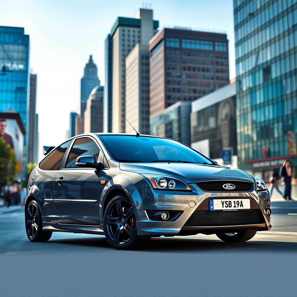 A stunning Ford Focus ST MK2 from 2005, painted in a sleek Nardo Grey, parked in an urban city environment