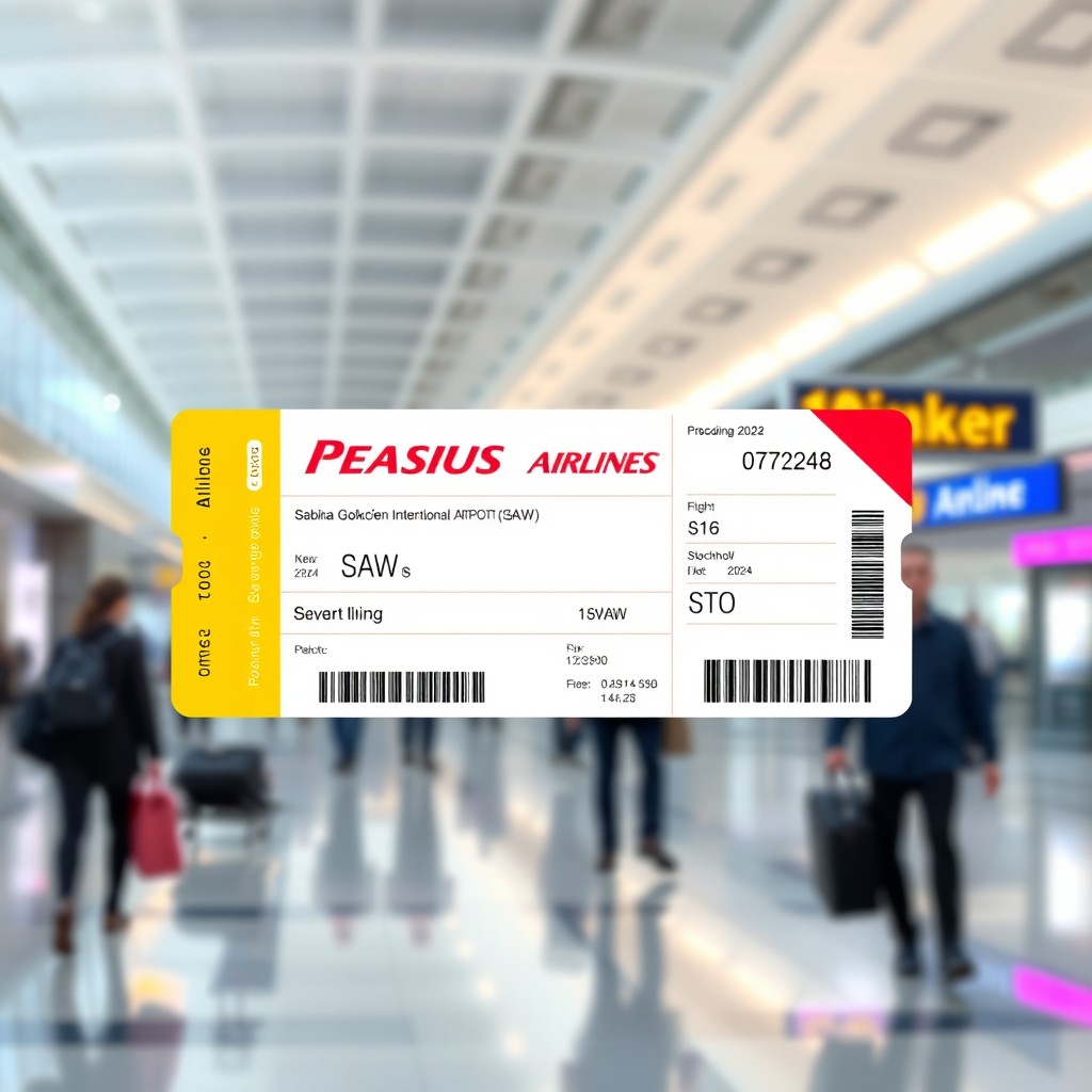 A digital rendering of a Pegasus Airlines boarding pass for a flight from Sabiha Gökçen International Airport (SAW) to Stockholm