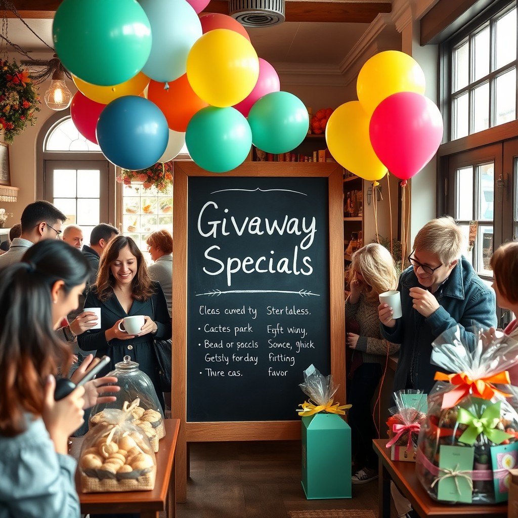 An inviting scene in a cozy cafe featuring a chalkboard sign that highlights 'Giveaway Specials' prominently, surrounded by brightly colored balloons and cheerful decorations