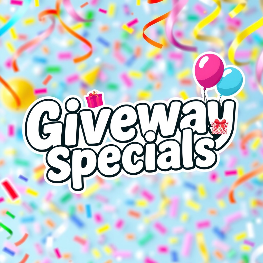A vibrant and eye-catching design featuring the bold text 'Giveaway Specials' in a fun and playful font