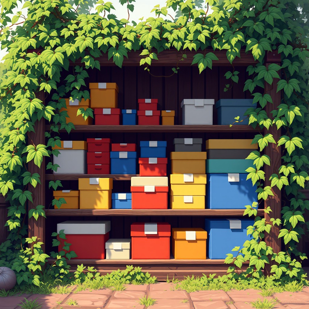 A pixelated storage shelf filled with colorful boxes, designed to appear 10 years old, overgrown with lush green vines and foliage