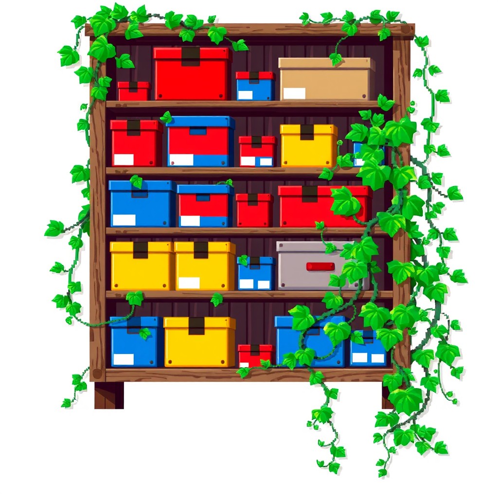 A pixelated storage shelf filled with vibrant boxes, appearing 10 years old, overrun with green vines and foliage