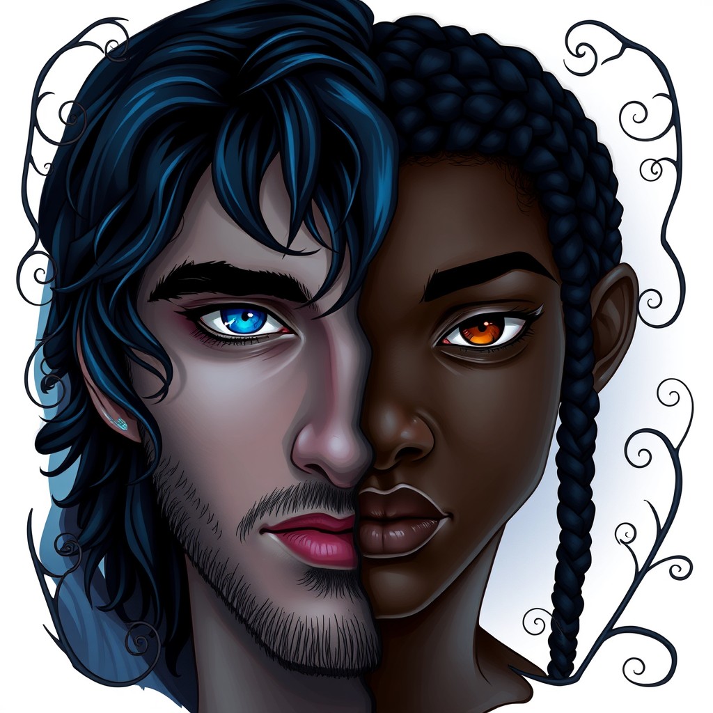 A realistic 2D illustration of a book cover featuring the half face of a man with jade blue eyes, wavy dark hair with blue highlights