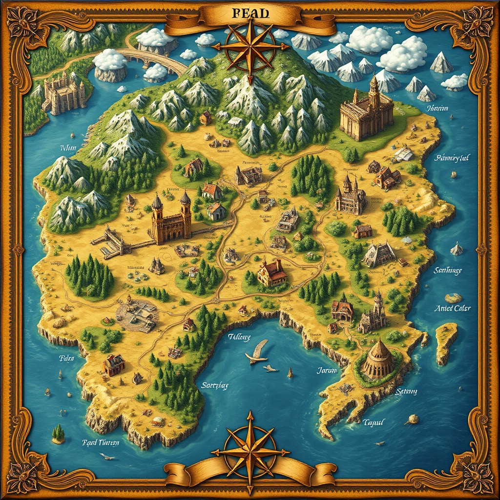 An intricately detailed map of a fantasy country, featuring diverse landscapes like lush forests, towering mountains, vast deserts, and sparkling rivers