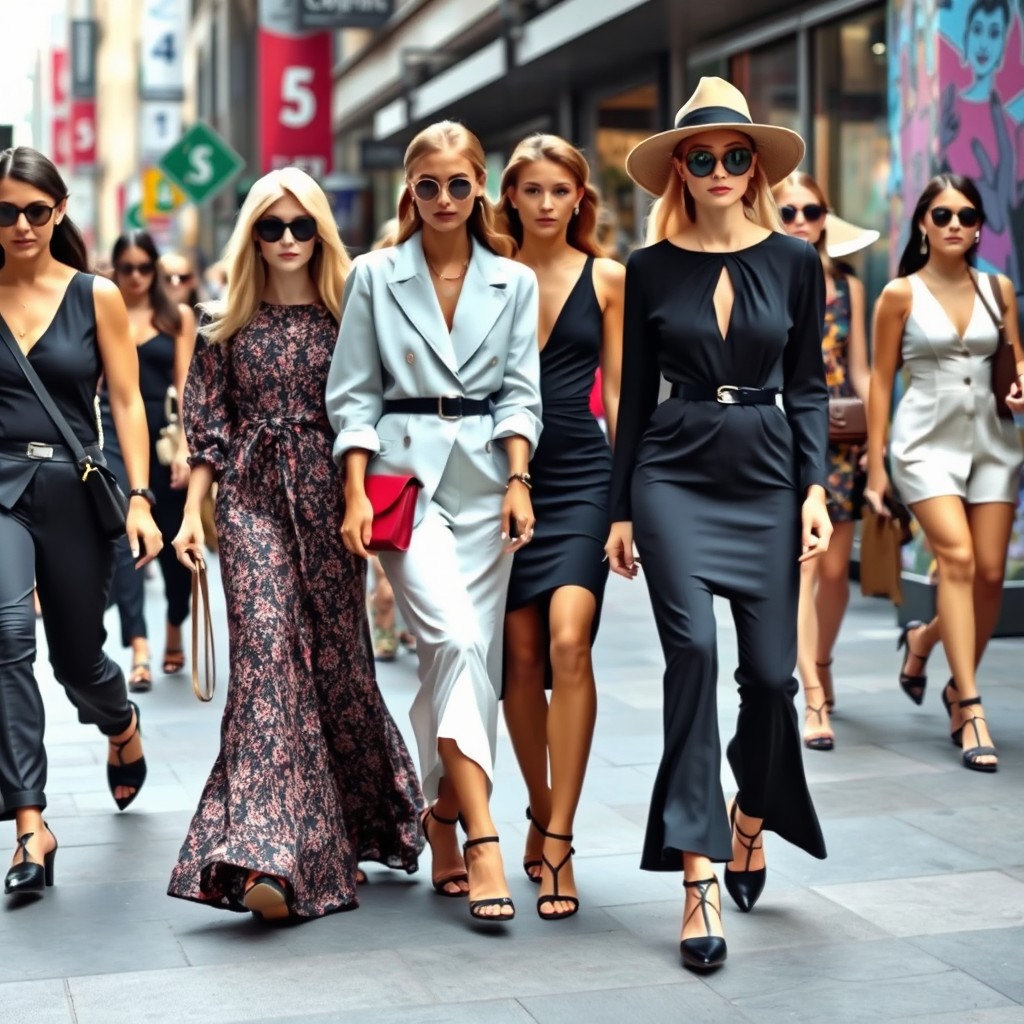 A vibrant and stylish fashion scene showcasing a variety of clothing styles, including modern casual wear, elegant evening dresses, and trendy accessories