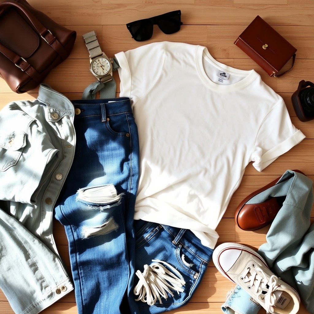 A stylish flat lay of various types of clothing items including a casual white t-shirt, blue ripped jeans, a light denim jacket, and fashionable sneakers