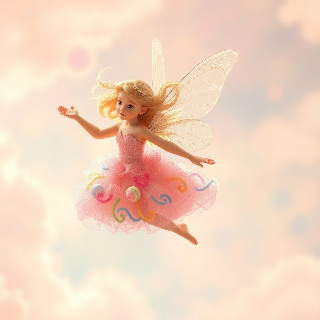 A beautiful sugar fairy gracefully flying through a soft, colorful sky filled with pastel hues