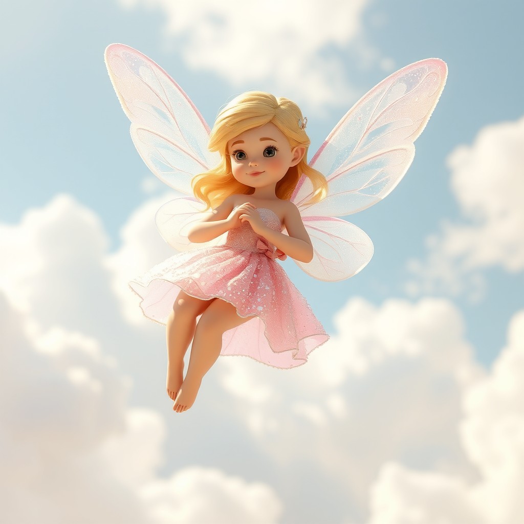 A whimsical sugar fairy soaring gracefully through the air, her translucent wings shimmering in pastel colors
