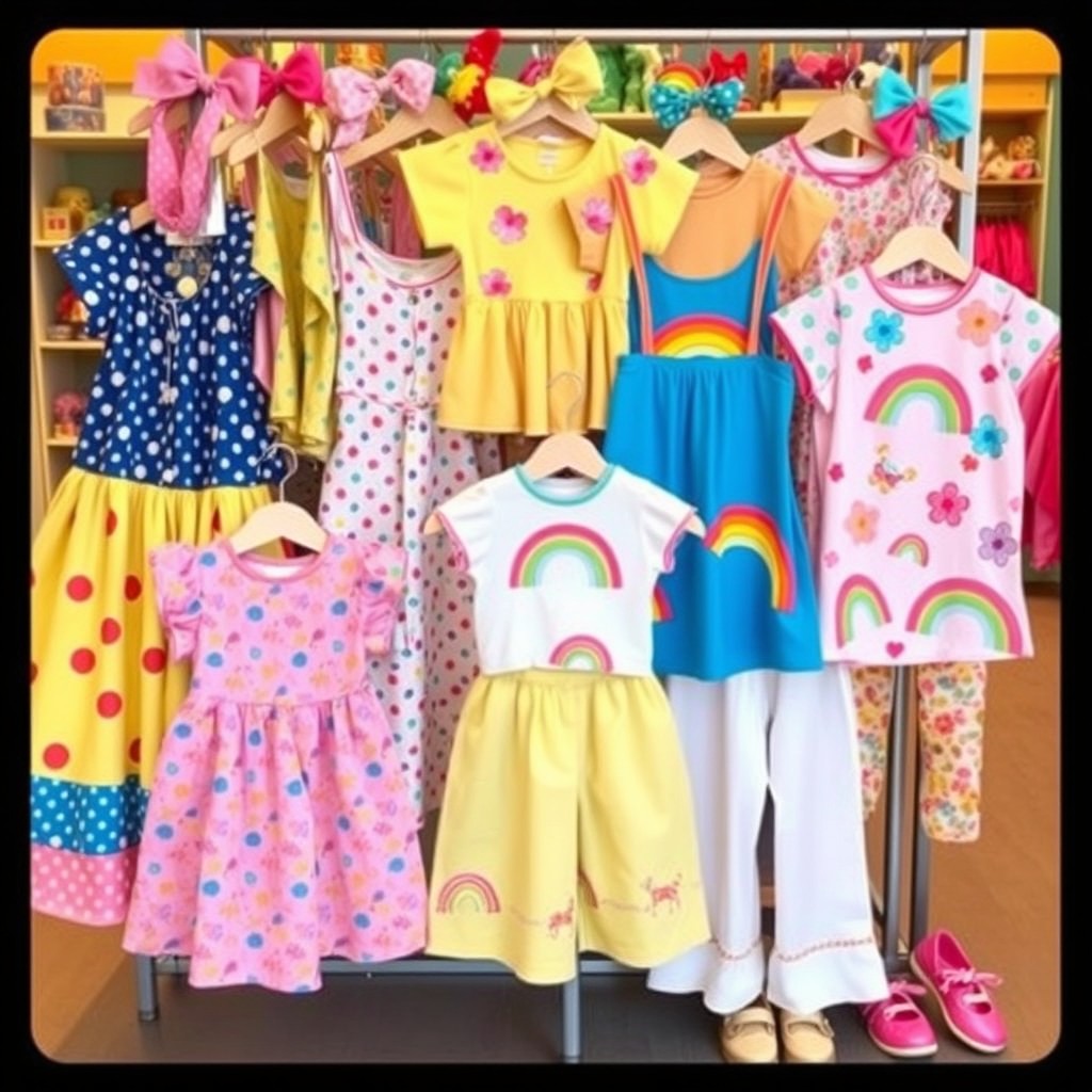 A display of colorful children's clothing, featuring a variety of vibrant dresses, shirts, and pants designed for young girls