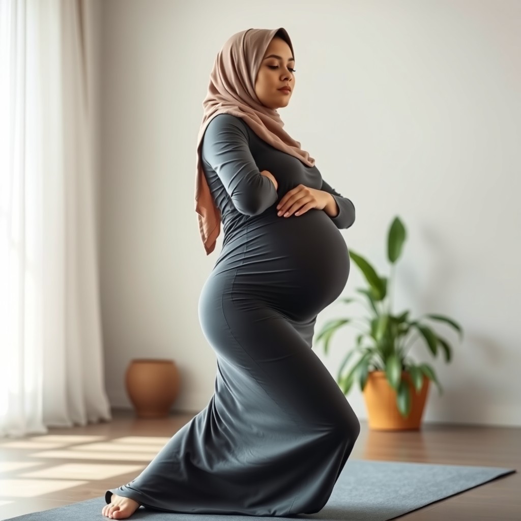 A beautiful pregnant woman in a hijab, looking serene and graceful, practicing yoga