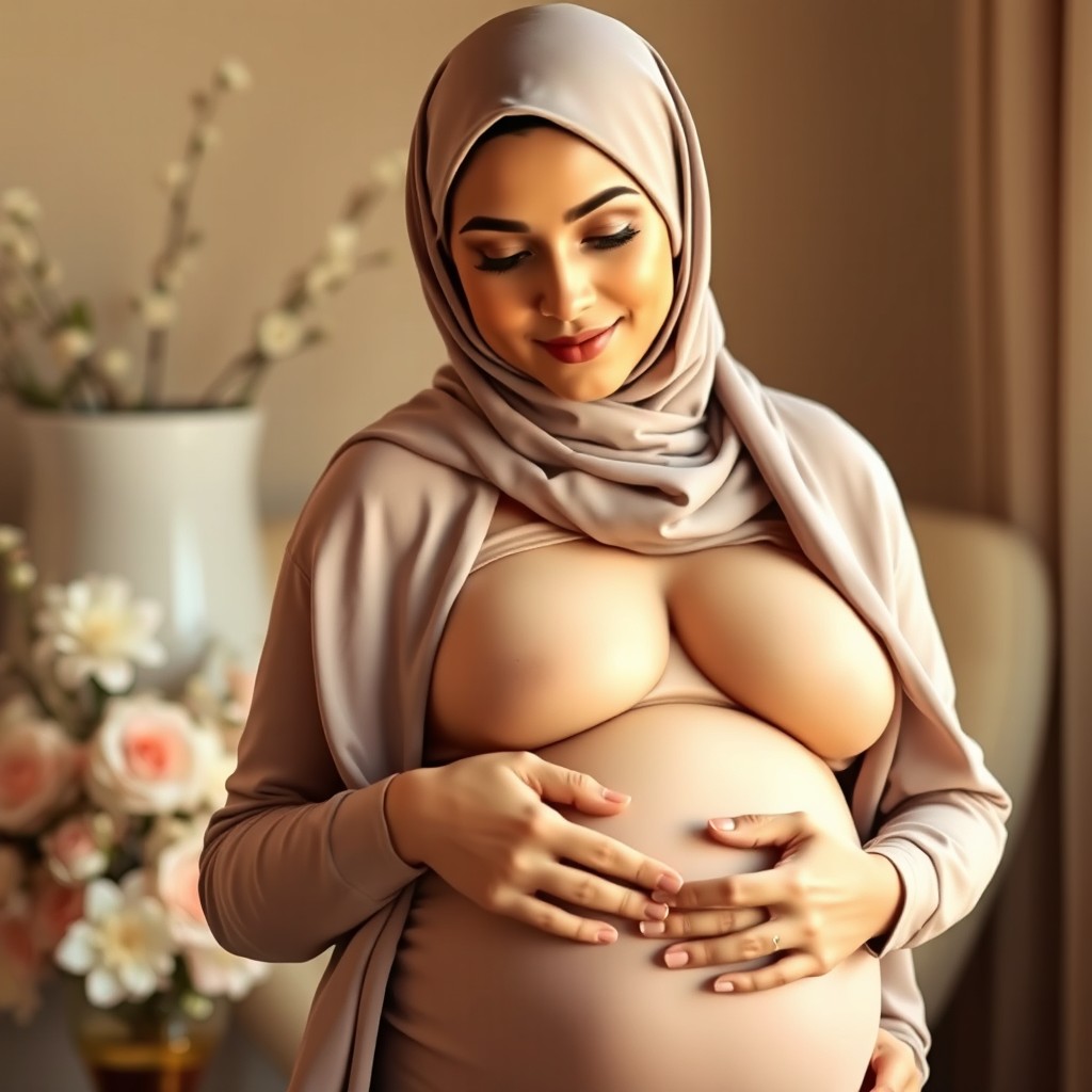 A beautiful pregnant woman in her sixth month of pregnancy, wearing a hijab, with an elegant and serene demeanor