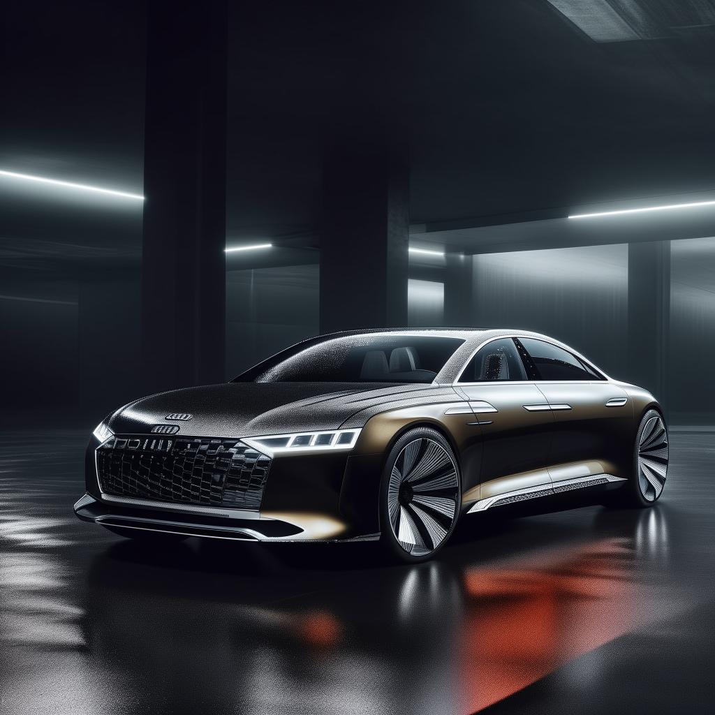 An enchanting 8K resolution, 1080HP picture quality vision of an all-new, luxurious Audi, designed by Maybach. The concept is staged against a dramatic, rain-washed backdrop, expressing elegance and high-tech power.