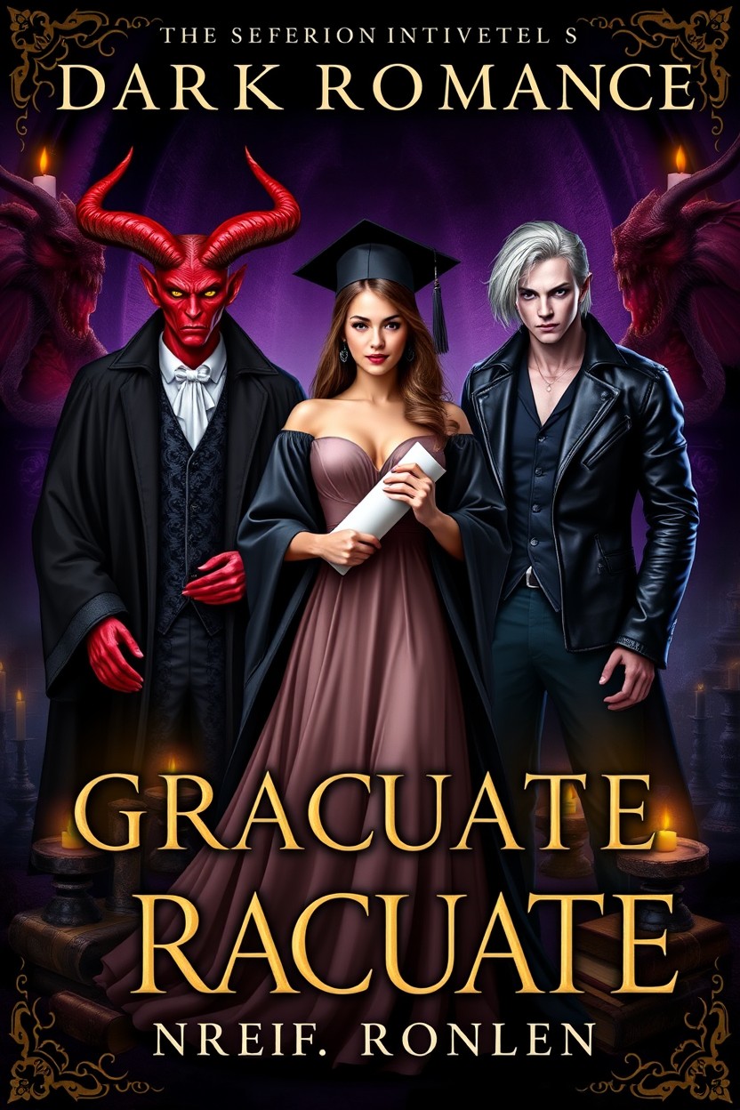 A dark romance book cover featuring a female graduate of an occult faculty, exuding confidence and mystery