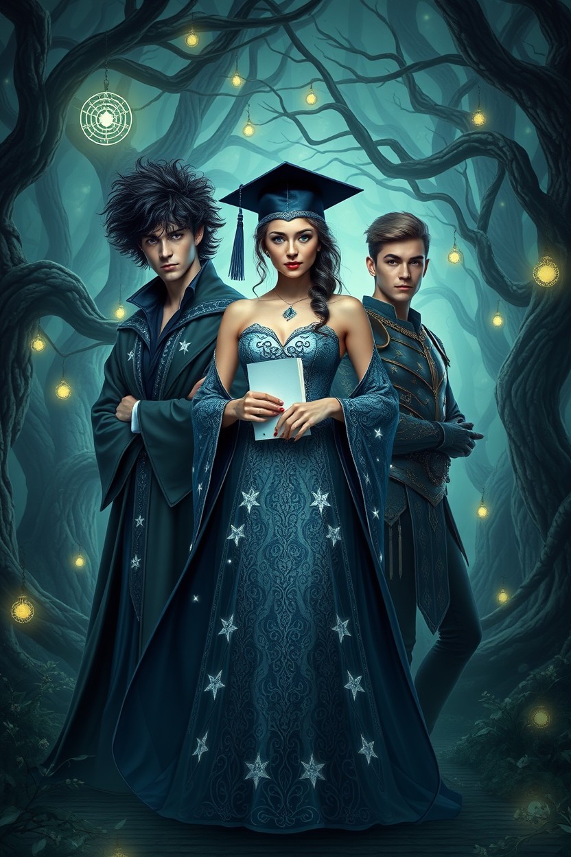 A dark fantasy romance book cover featuring a female graduate of an occult faculty, radiating both beauty and mystique