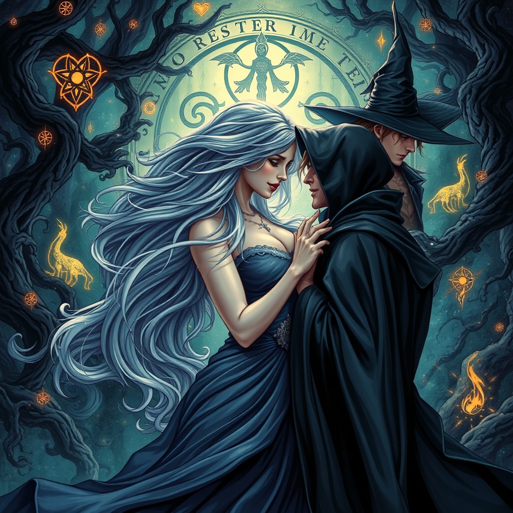 A striking illustration depicting a passionate love scene between a captivating woman and handsome dark wizards