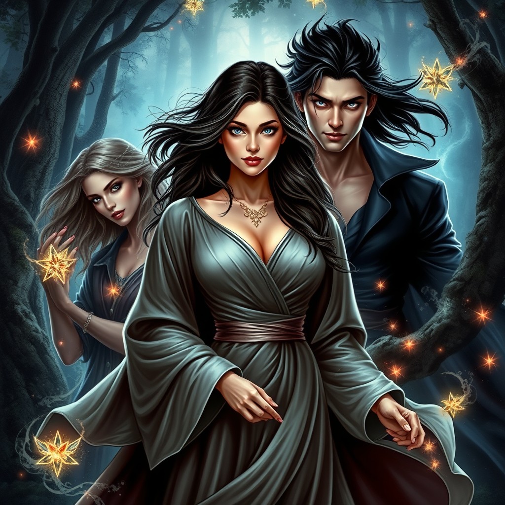 A captivating fantasy book cover featuring a beautiful woman with an expression of longing amidst a backdrop of dark magic and enchanting elements