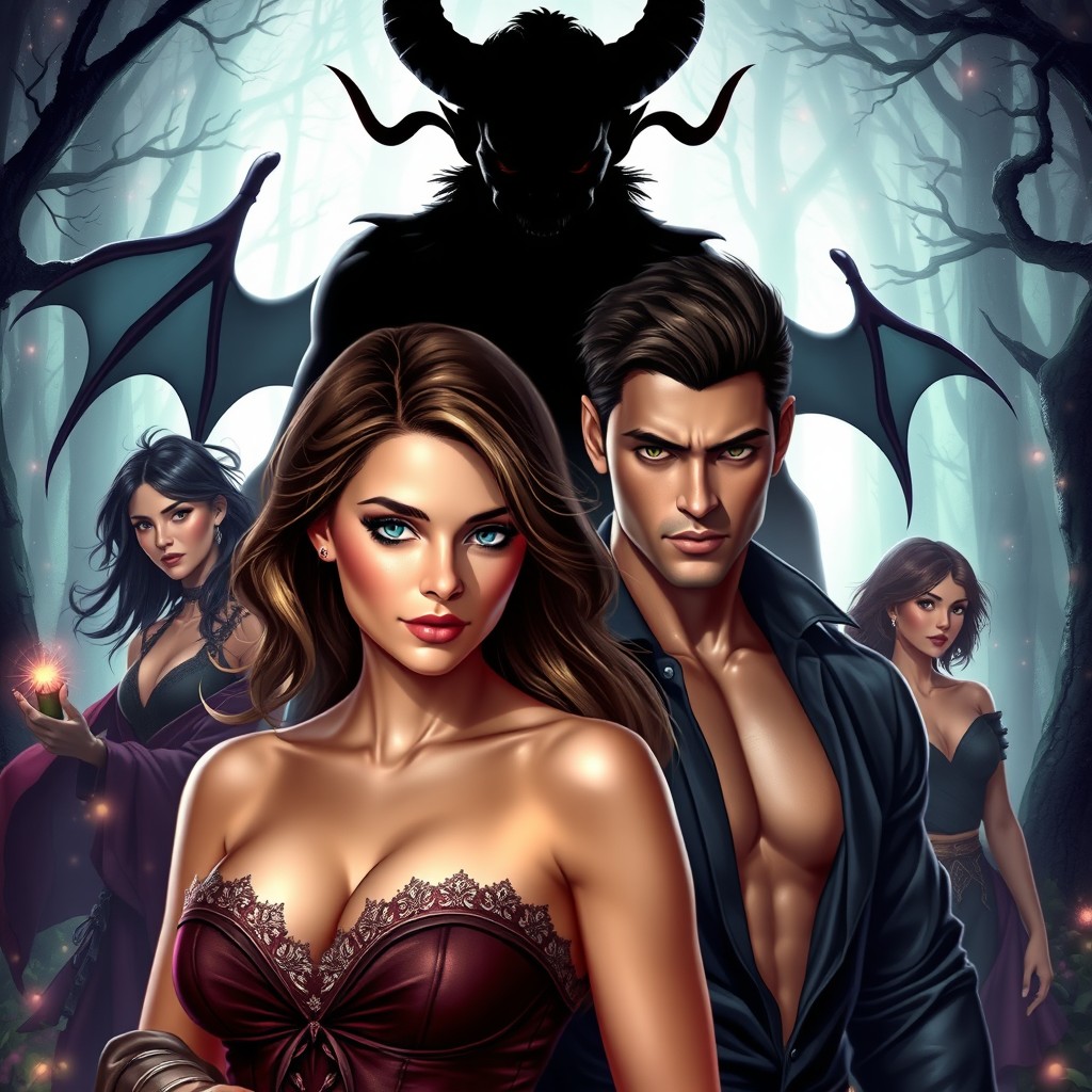 An enchanting fantasy book cover that captures the essence of love and passion, featuring a stunning woman in the foreground with a look of desire in her eyes