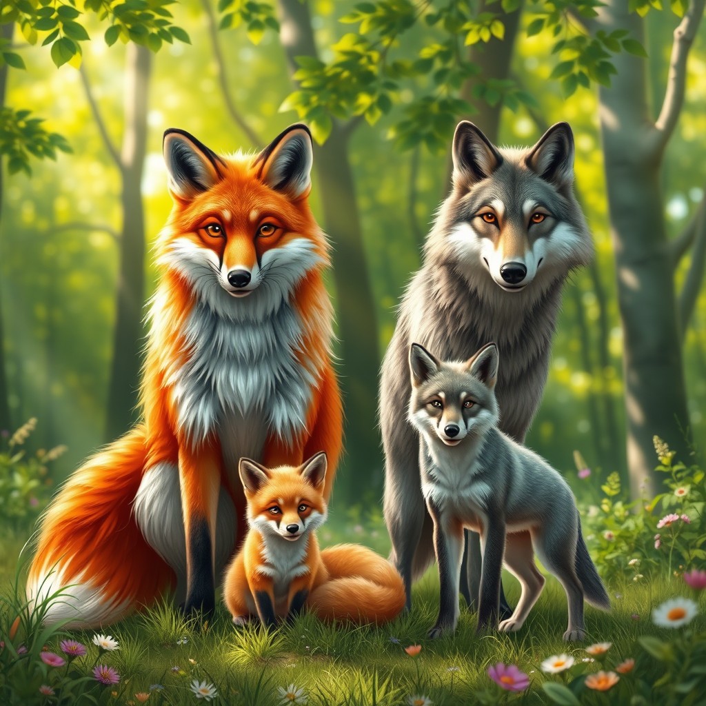 A heartwarming scene in a lush forest, featuring a large, majestic red fox and a robust, gray wolf standing protectively beside their adorable offspring: a fluffy baby fox and a playful baby wolf