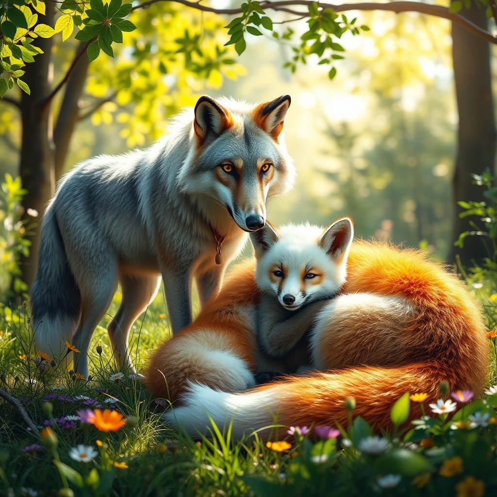 A heartwarming scene featuring a mother fox and her baby wolf cuddling together in a sunny forest clearing