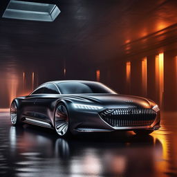 An enchanting 8K resolution, 1080HP picture quality vision of an all-new, luxurious Audi, designed by Maybach. The concept is staged against a dramatic, rain-washed backdrop, expressing elegance and high-tech power.